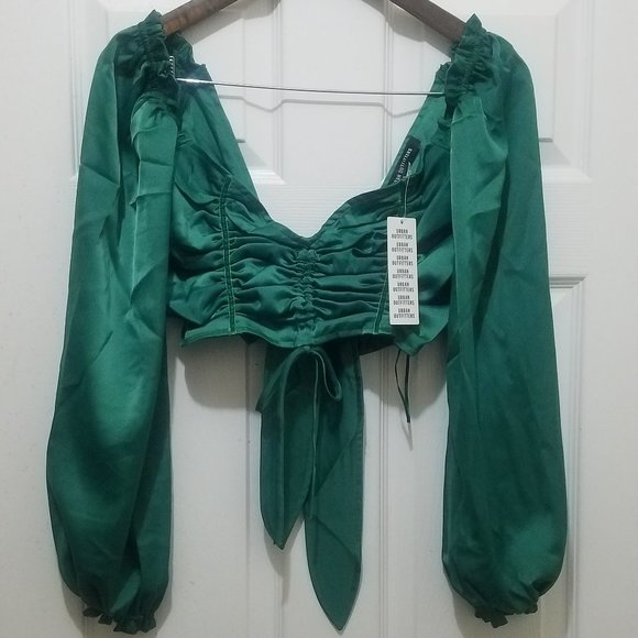 Urban Outfitters Tops - NWT UO Caroleena Cropped Puff Sleeve Open Back Greene Blouse